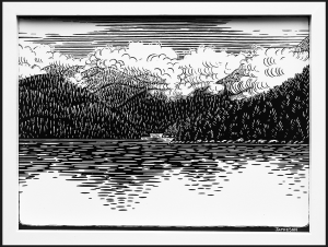 Clouds over Bay black & white print on wood of BC West coast