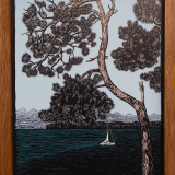 Print of a Pine Tree beside the sea with a sailboat