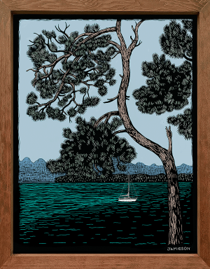Print of a Pine Tree beside the sea with a sailboat