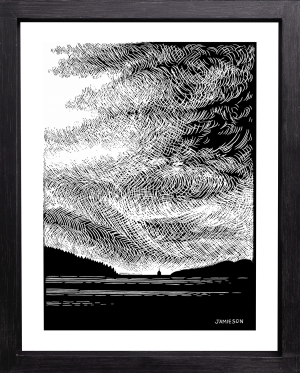 Black & white print of storm clouds off the coast of Vancouver