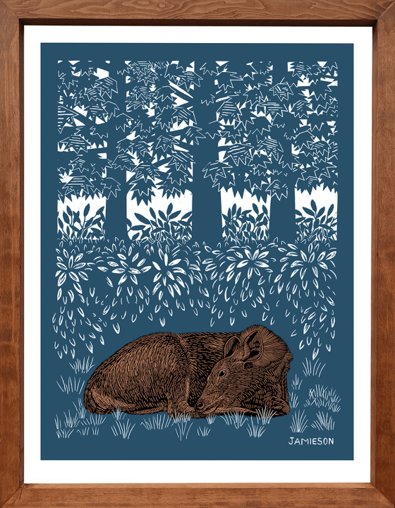 This unique dark teal and brown print was created  from an original sketch done on Bowen Island, British Columbia, Canada. The print is shipped ready to hang.