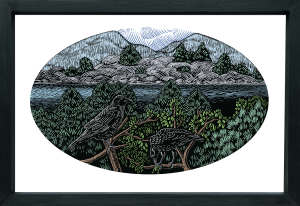 Print of two ravens in a wood with a coastal landscape behind.