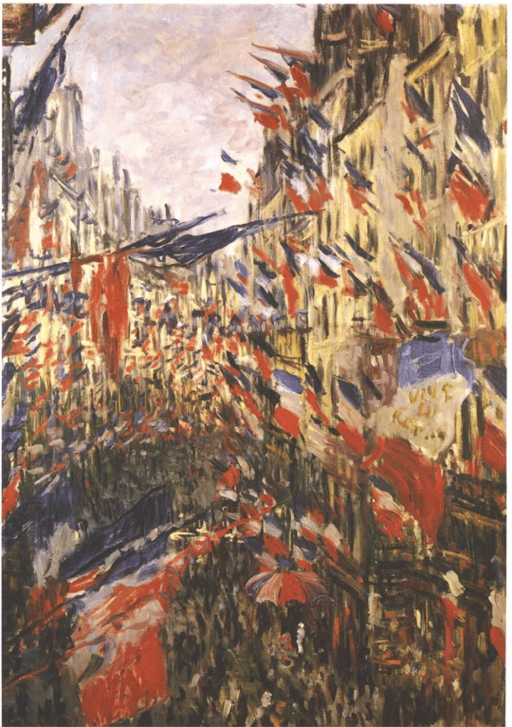 painting of street celebration in Paris with flags