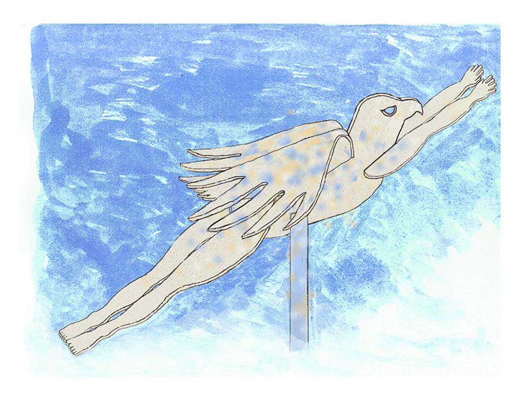 drawing for a sculpture of a bird/human figure flying