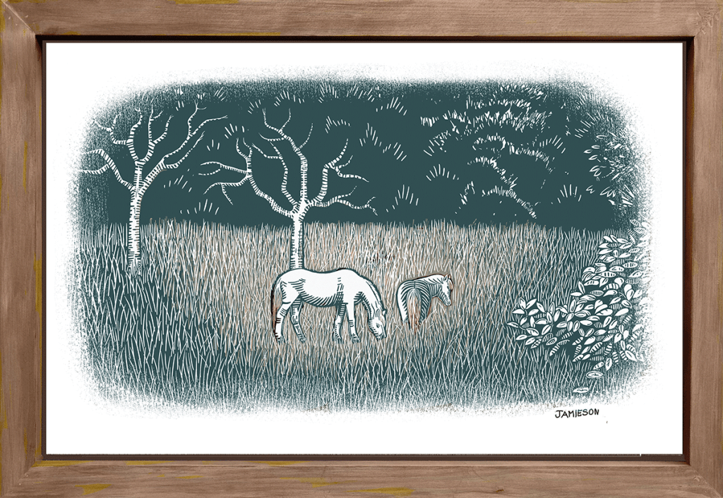 framed colour print of two ponies vignetted
